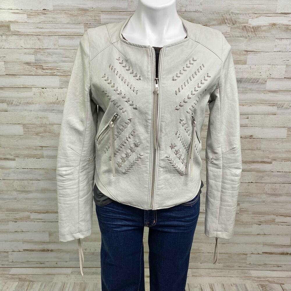 BlankNYC Moto Faux Leather Jacket Womens Size M Gray Lacing Fringe Zip Front